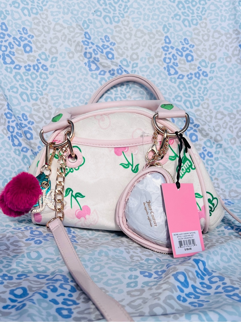 New Cream Juicy Couture Purse Handbag Satchel Bag Cherry Vintage Style Velour